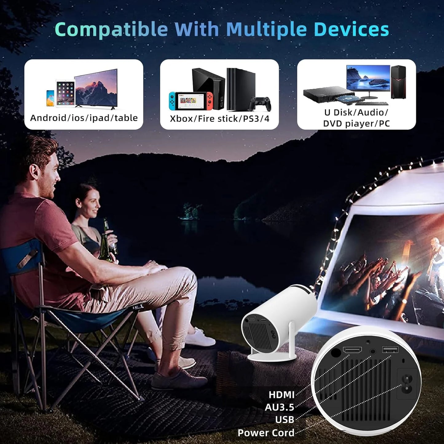 Mini Projector with Wifi and Bluetooth,4K 1080P Supported,Outdoor Movie Projector